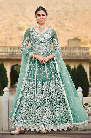 Peacock Blue Designer Embroidered Wedding Anarkali Suit