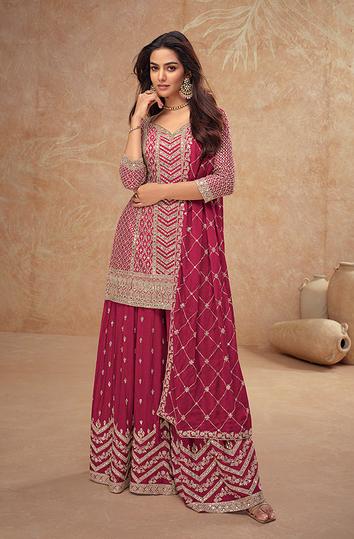 Berry Pink Designer Embroidered Wedding Sharara Suit