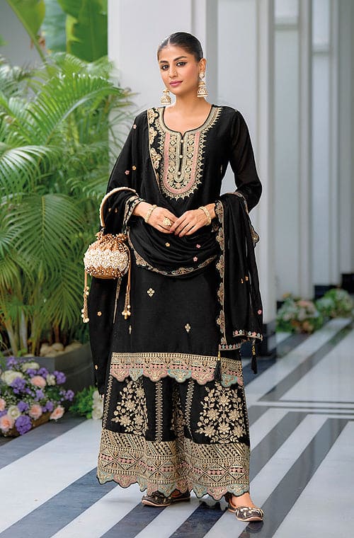 Black Designer Embroidered Chinon Silk Party Wear Palazzo Suit