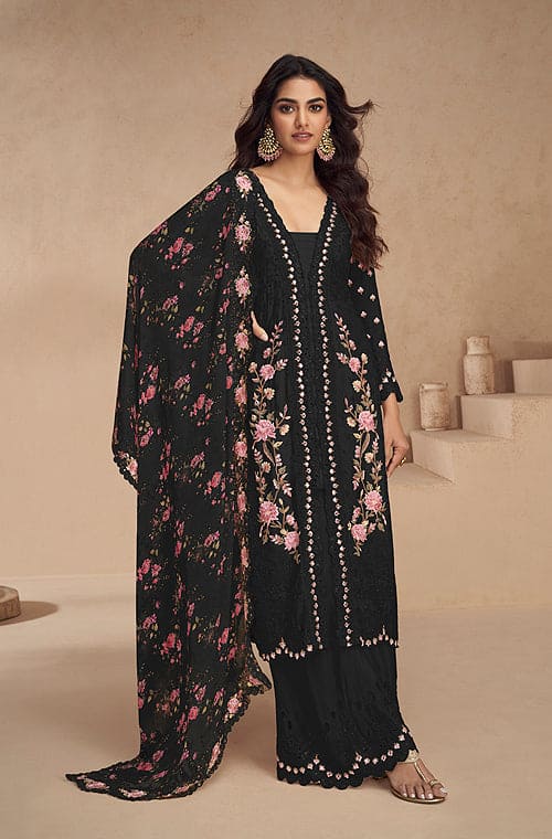 Black Designer Embroidered Chinon Silk Party Wear Palazzo Suit