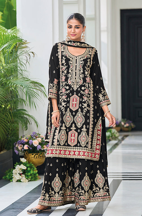 Black Designer Embroidered Chinon Silk Wedding Palazzo Suit