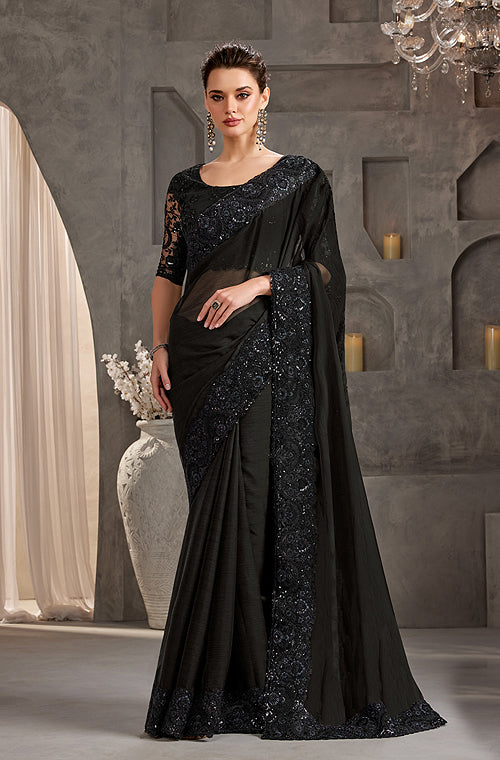 Black Designer Embroidered Crystal Chiffon Party Wear Saree