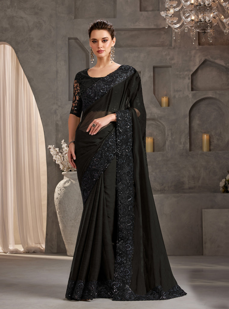 Black Designer Embroidered Crystal Chiffon Party Wear Saree-Saira's Boutique