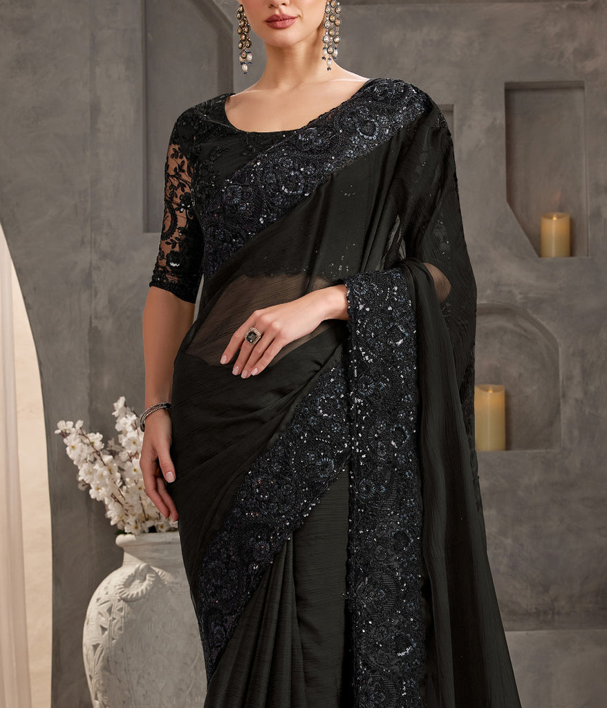 Black Designer Embroidered Crystal Chiffon Party Wear Saree-Saira's Boutique