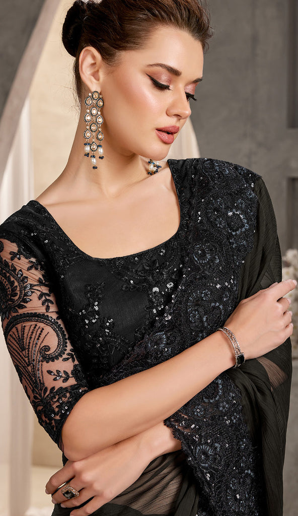 Black Designer Embroidered Crystal Chiffon Party Wear Saree-Saira's Boutique