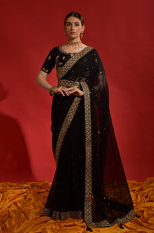 Shimmer Peacock Black Designer Embroidered Silk Wedding Party Wear Saree