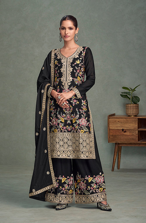 Black Designer Embroidered Premium Chinon Silk Party Wear Palazzo Suit
