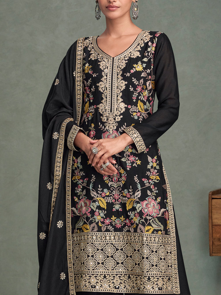 Black Designer Embroidered Premium Chinon Silk Party Wear Palazzo Suit-Saira's Boutique
