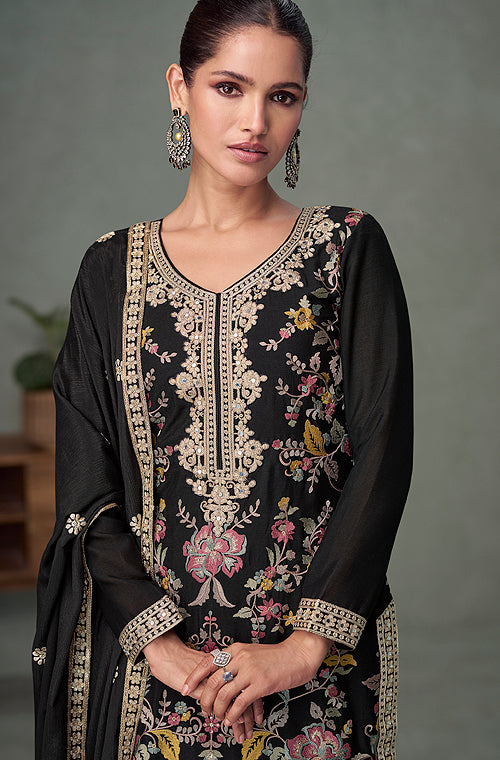 Black Designer Embroidered Premium Chinon Silk Party Wear Palazzo Suit-Saira's Boutique