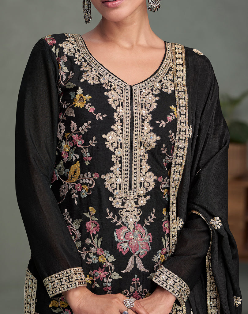 Black Designer Embroidered Premium Chinon Silk Party Wear Palazzo Suit-Saira's Boutique