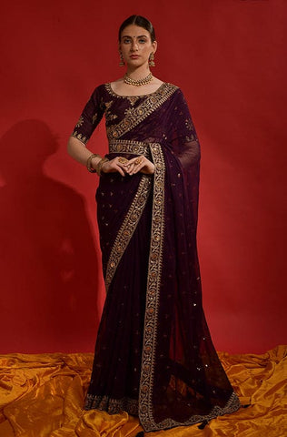 Mauve Designer Embroidered Silk Wedding Party Wear Saree