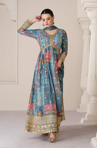 Peacock Blue Designer Embroidered Wedding Anarkali Suit