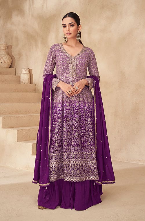 Bright Purple Designer Embroidered Wedding Sharara Suit