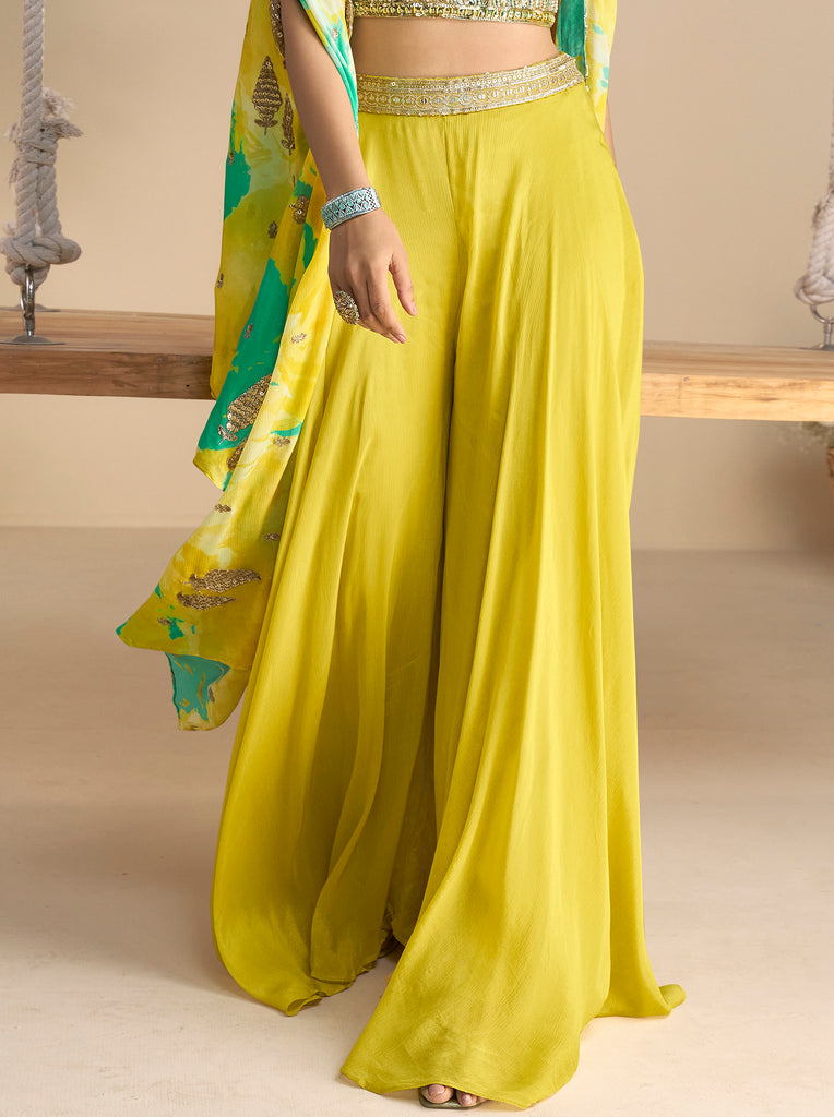 Bright Yellow Designer Embroidered Party Wear Palazzo Suit with Shrug-Saira's Boutique