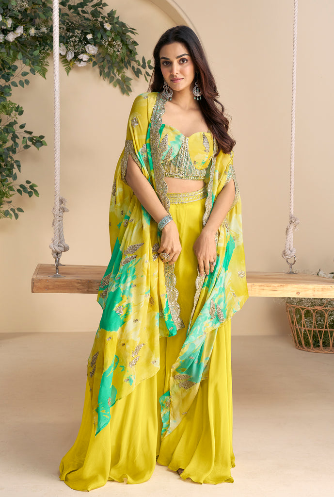 Bright Yellow Designer Embroidered Party Wear Palazzo Suit with Shrug-Saira's Boutique