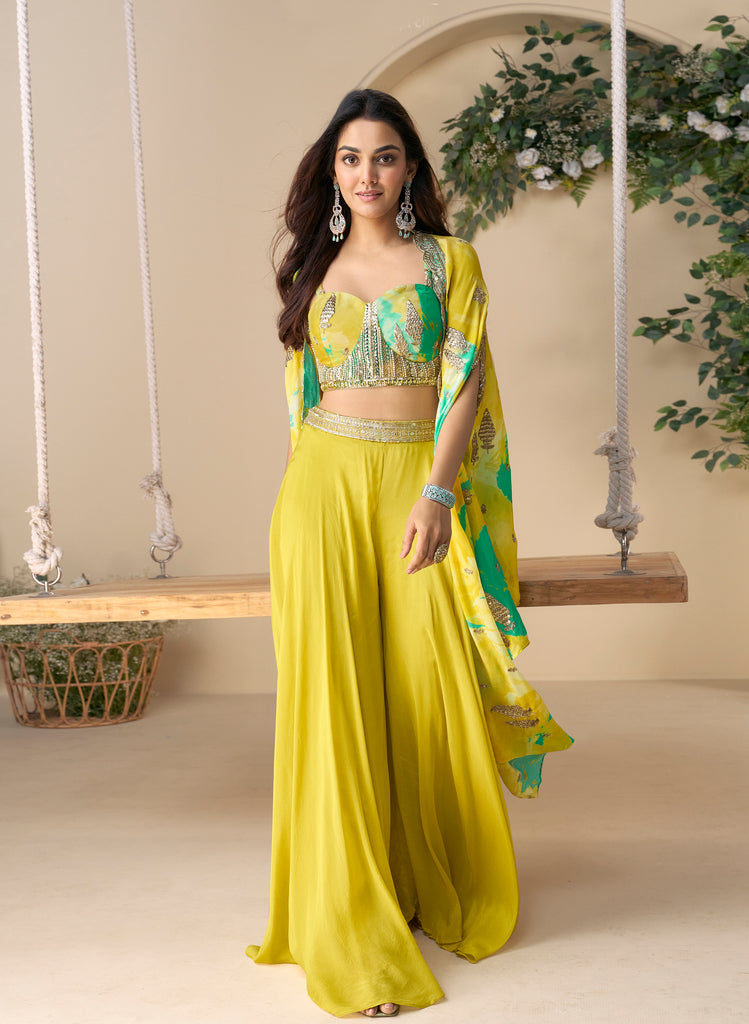 Bright Yellow Designer Embroidered Party Wear Palazzo Suit with Shrug-Saira's Boutique