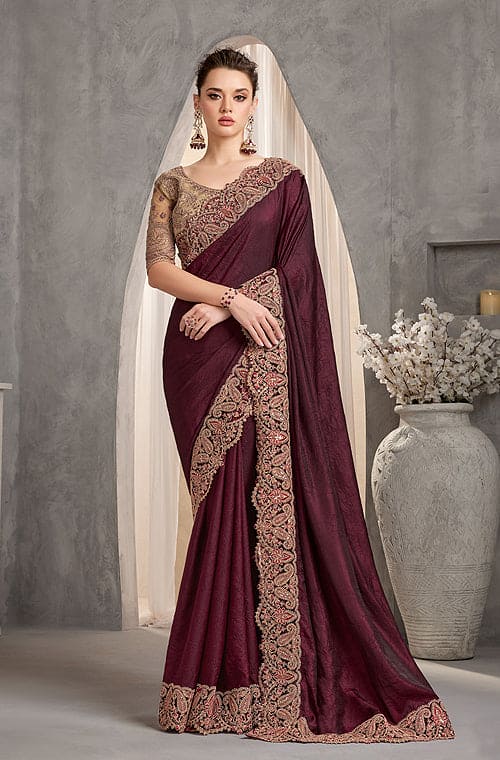 Burgundy & Beige Designer Embroidered Crush Wedding Party Wear Saree