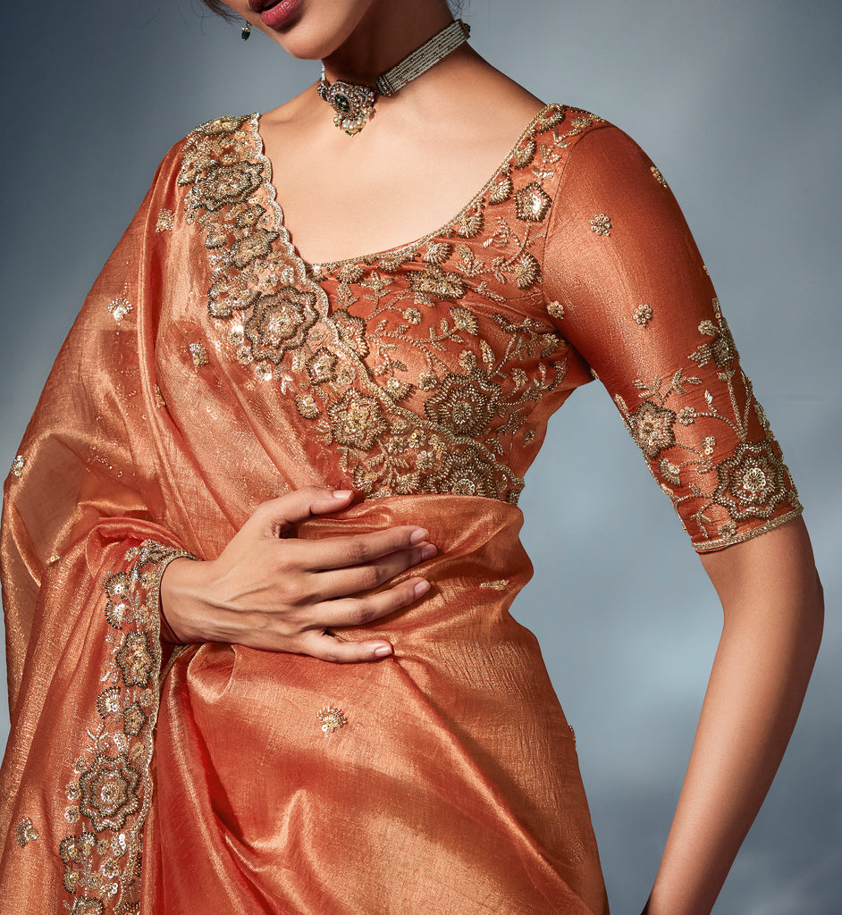 Burnt Orange Designer Embroidered Tissue Organza Wedding Party Wear Saree-Saira's Boutique