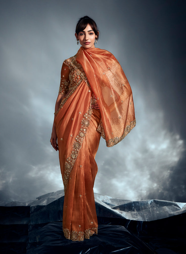 Burnt Orange Designer Embroidered Tissue Organza Wedding Party Wear Saree-Saira's Boutique