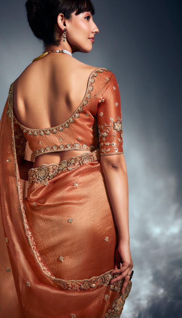 Burnt Orange Designer Embroidered Tissue Organza Wedding Party Wear Saree-Saira's Boutique