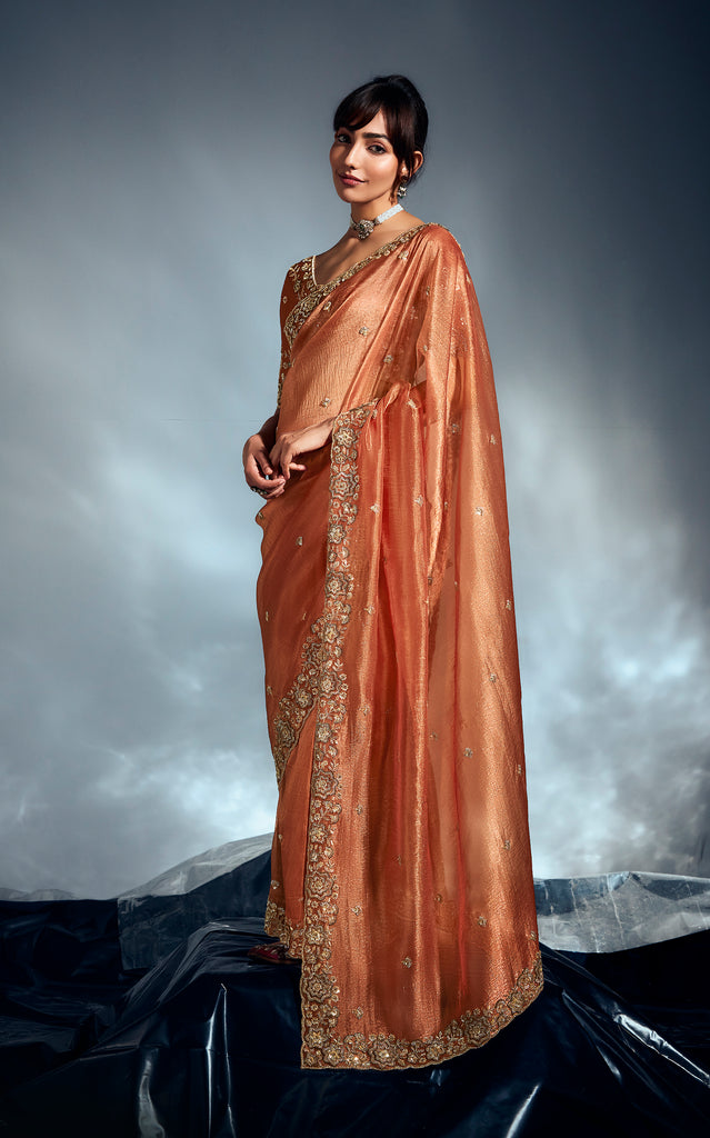 Burnt Orange Designer Embroidered Tissue Organza Wedding Party Wear Saree-Saira's Boutique