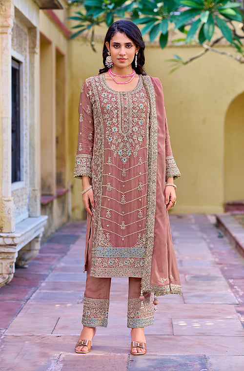 Copper Rose Designer Embroidered Wedding Party Wear Chinon Salwar Suit