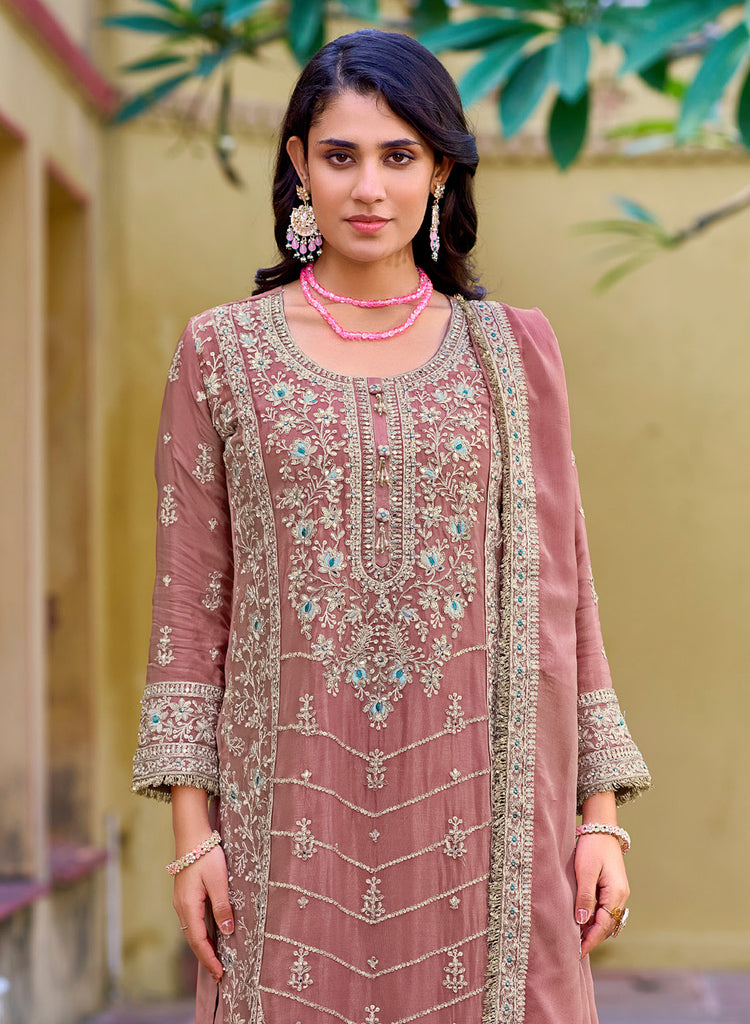 Copper Rose Designer Embroidered Wedding Party Wear Chinon Salwar Suit-Saira's Boutique