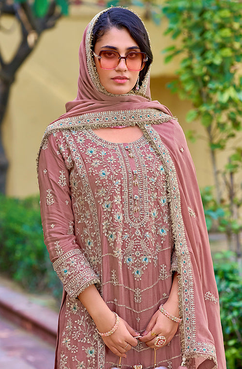 Copper Rose Designer Embroidered Wedding Party Wear Chinon Salwar Suit-Saira's Boutique