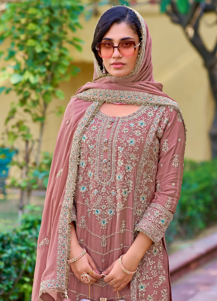 Copper Rose Designer Embroidered Wedding Party Wear Chinon Salwar Suit-Saira's Boutique