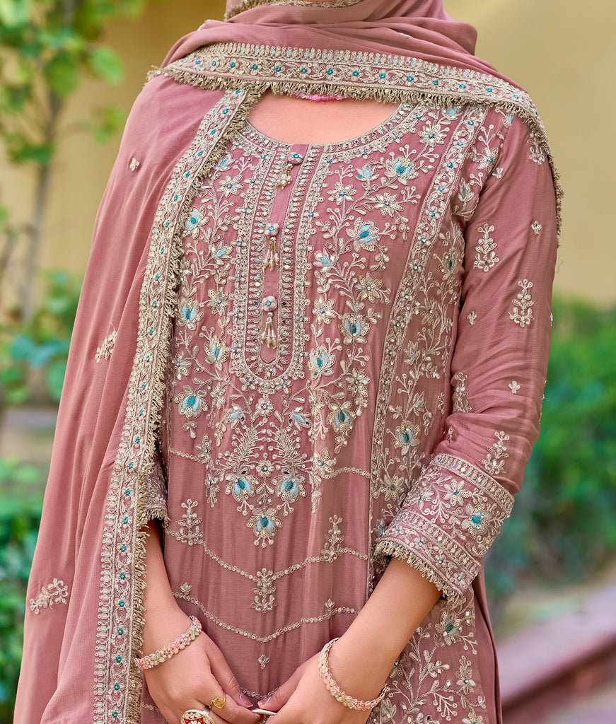 Copper Rose Designer Embroidered Wedding Party Wear Chinon Salwar Suit-Saira's Boutique