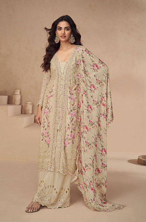 Cream Beige Designer Embroidered Chinon Silk Party Wear Palazzo Suit
