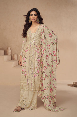 Black Designer Embroidered Chinon Silk Party Wear Palazzo Suit