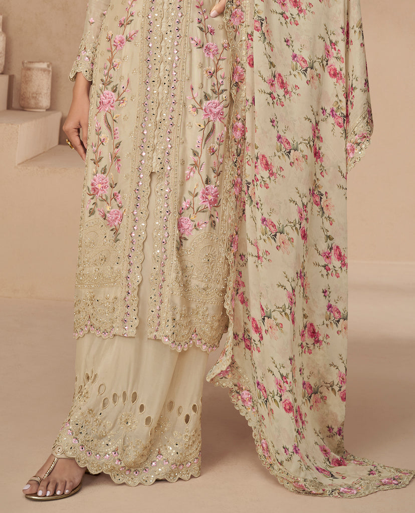 Cream Beige Designer Embroidered Chinon Silk Party Wear Palazzo Suit-Saira's Boutique