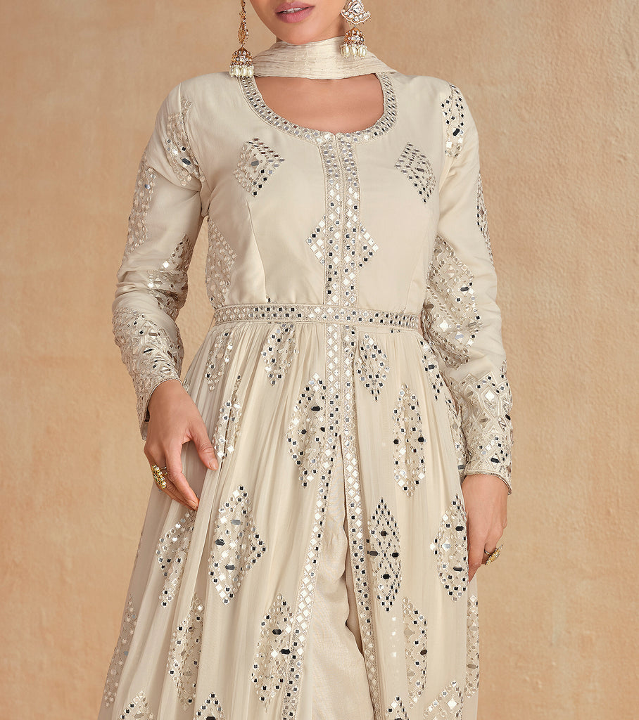 Cream Beige Designer Embroidered Pure Georgette Pant Style Anarkali Suit-Saira's Boutique