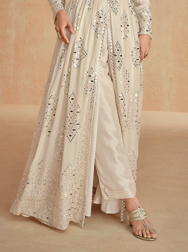 Cream Beige Designer Embroidered Pure Georgette Pant Style Anarkali Suit-Saira's Boutique