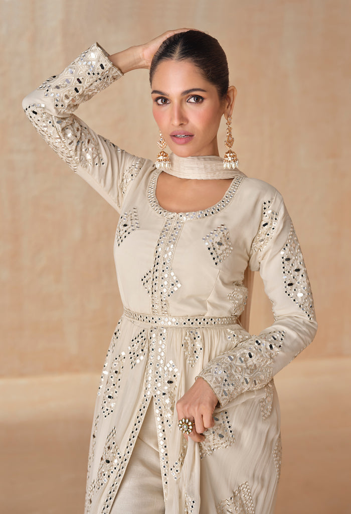 Cream Beige Designer Embroidered Pure Georgette Pant Style Anarkali Suit-Saira's Boutique