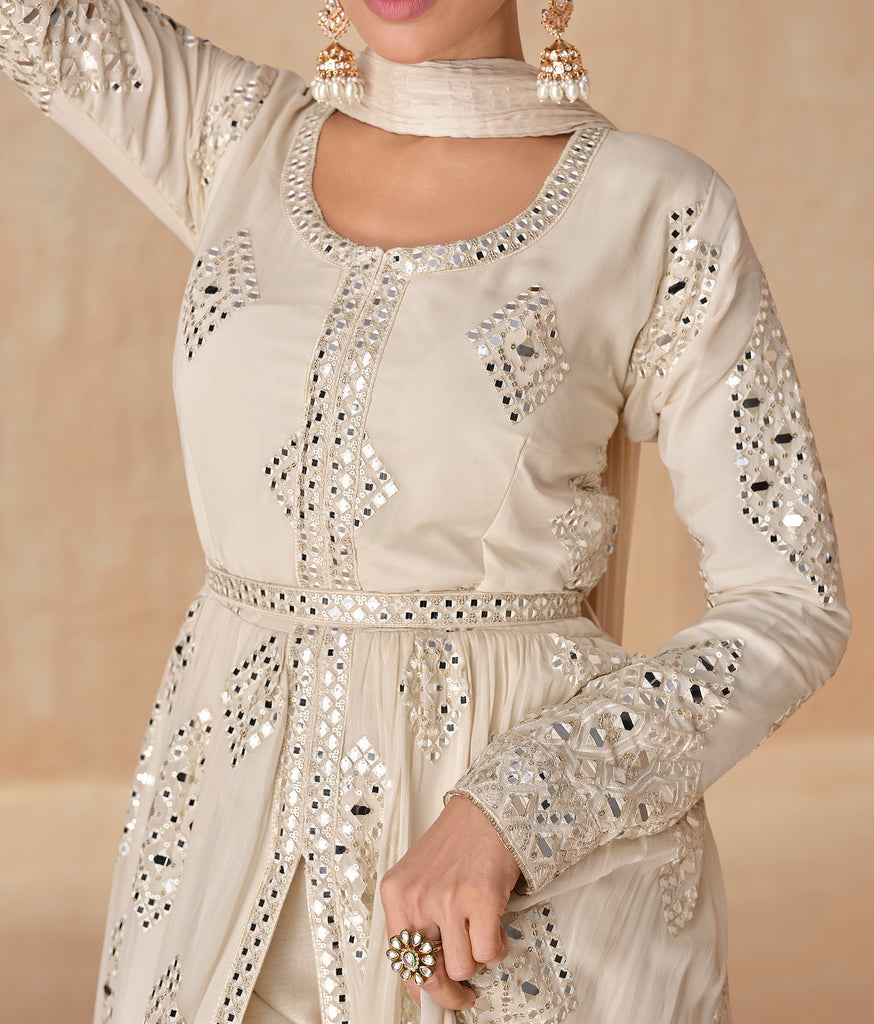Cream Beige Designer Embroidered Pure Georgette Pant Style Anarkali Suit-Saira's Boutique