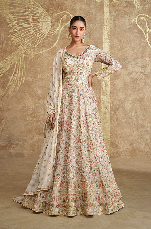 Cream Designer Heavy Embroidered Georgette Wedding Anarkali Gown