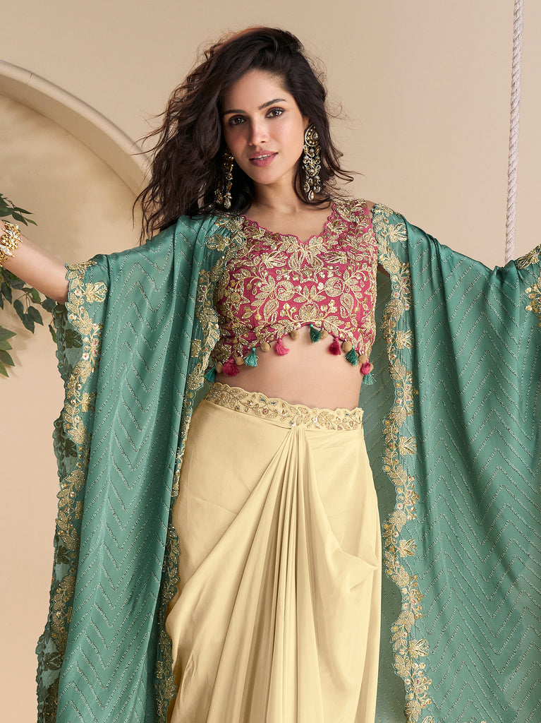 Cream & Pink Designer Embroidered Contemporary Style Lehenga with Shrug-Saira's Boutique