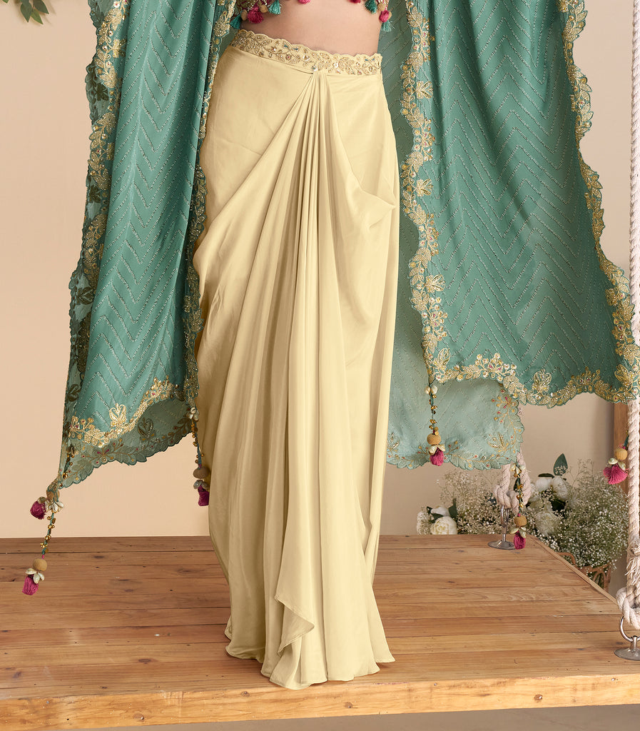 Cream & Pink Designer Embroidered Contemporary Style Lehenga with Shrug-Saira's Boutique