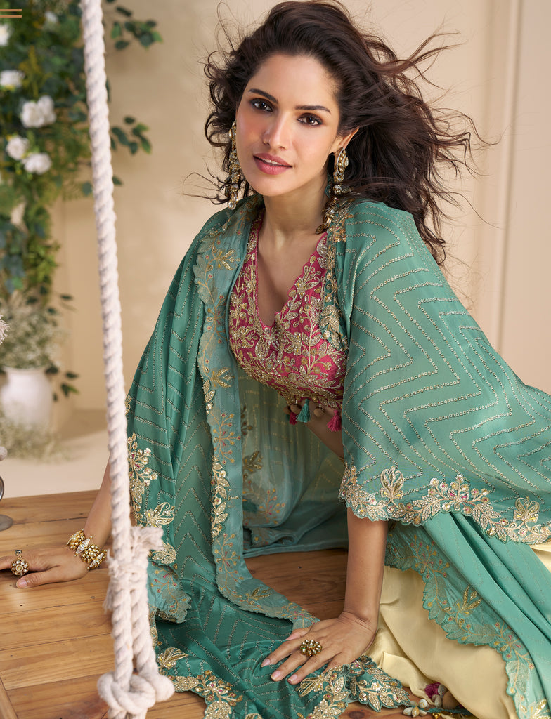 Cream & Pink Designer Embroidered Contemporary Style Lehenga with Shrug-Saira's Boutique