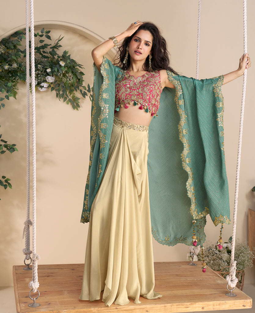 Cream & Pink Designer Embroidered Contemporary Style Lehenga with Shrug-Saira's Boutique