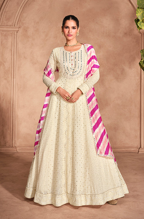 Cream & Pink Designer Heavy Embroidered Pure Georgette Anarkali Suit