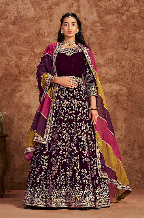 Dark Wine Designer Heavy Embroidered Velvet Anarkali Suit