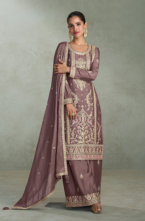 Deep Mauve Designer Embroidered Chinon Silk Party Wear Palazzo Suit
