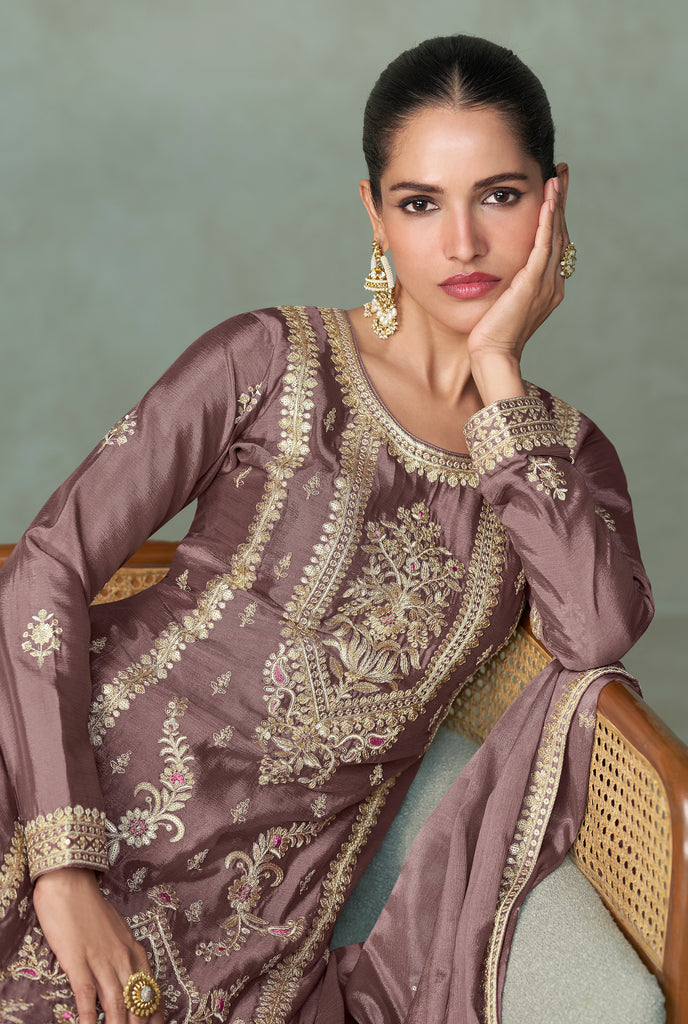 Deep Mauve Designer Embroidered Chinon Silk Party Wear Palazzo Suit-Saira's Boutique