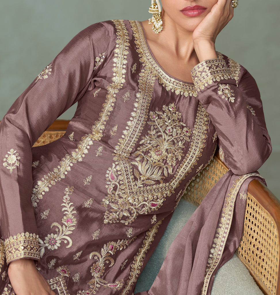 Deep Mauve Designer Embroidered Chinon Silk Party Wear Palazzo Suit-Saira's Boutique