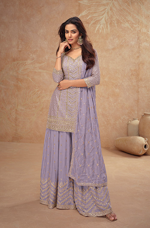 Dull Lavender Designer Embroidered Wedding Sharara Suit