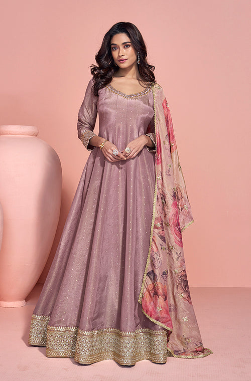 Dull Mauve Designer Embroidered Pure Jacquard Silk Anarkali Suit