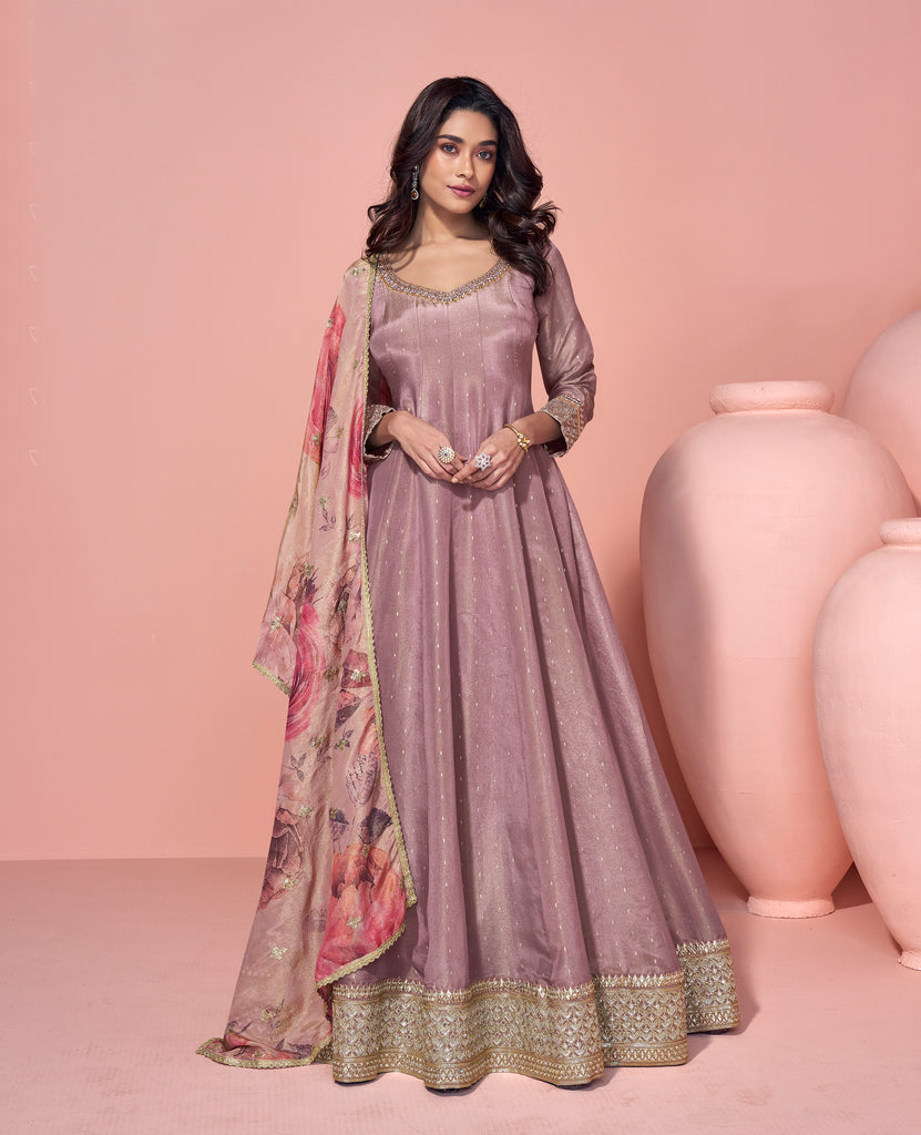 Dull Mauve Designer Embroidered Pure Jacquard Silk Anarkali Suit-Saira's Boutique
